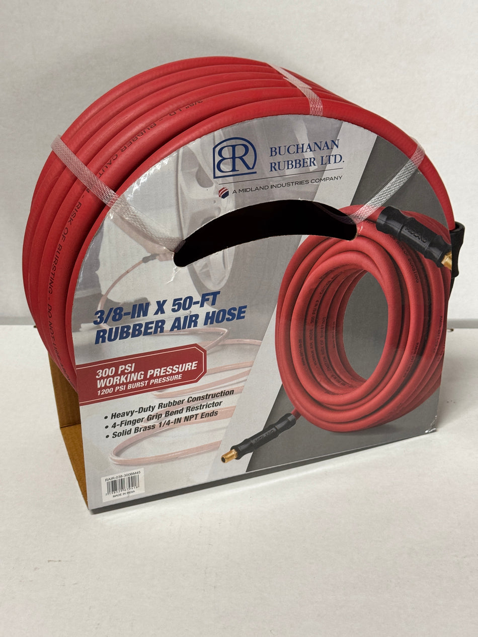 3/8" x 50' Rubber Air Hose – 1/4" MPT, 300 PSI
